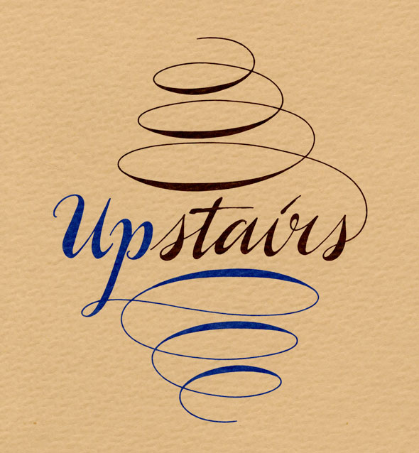 A biege menu. The paper has a rough texture. In in the middle "Upstairs" is printed in script lettering. "Up" an "Stairs" are not connected as a one word. The "Up" in upstairs is a bright blue and the "Stairs" is a dark brown". The scripted "P" in "Up" continues it's cursive line downward in a spiral like line, it looks like a small wide tornado. The last "S" in "Stairs" continues it's cursive line upwards in a spiral like line, it looks like a upside down small wide tornado.