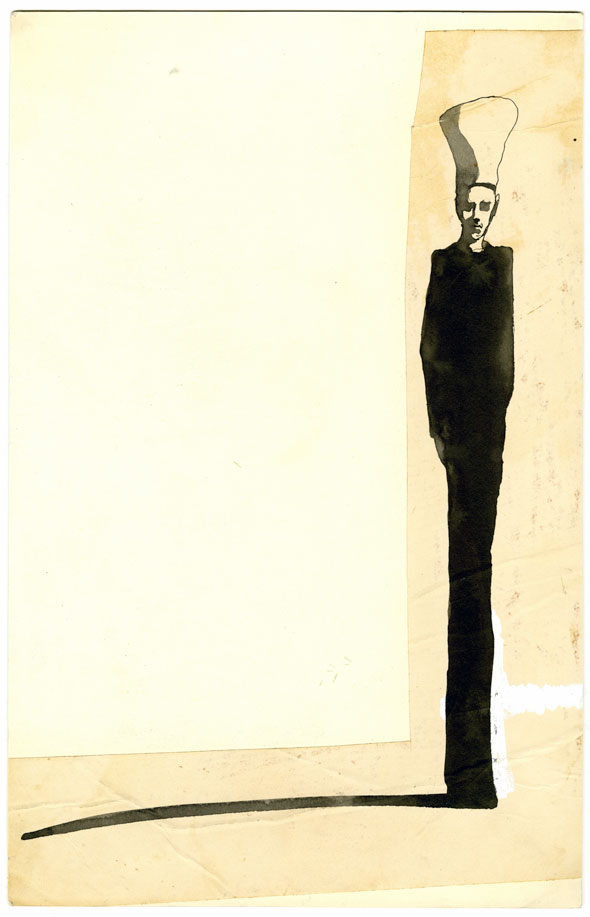 An illustration of Black ink against cream paper of a tall skinny man in a chef's hat with a long shadow