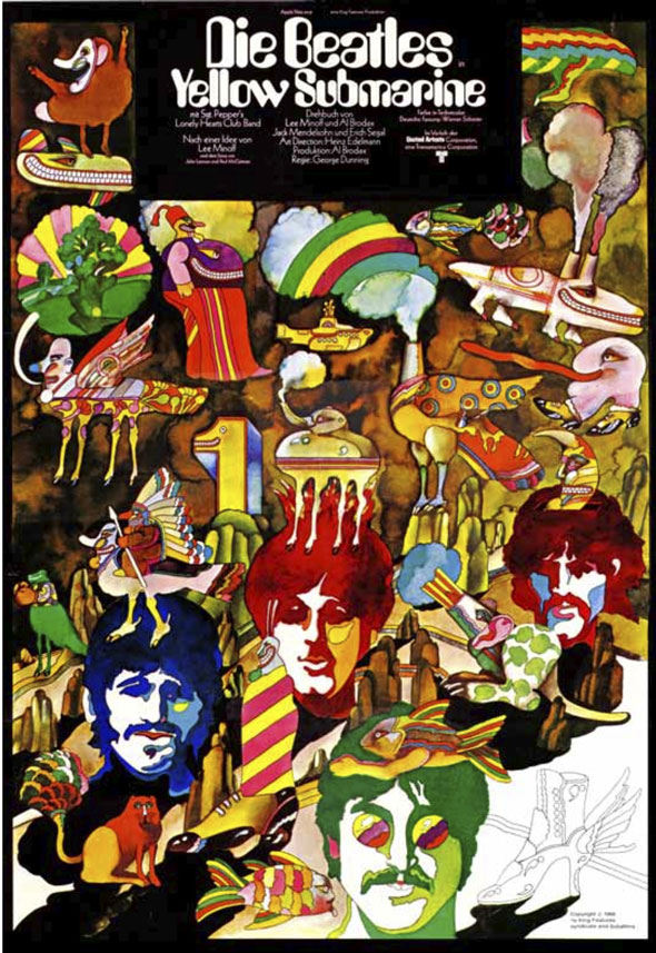 A poster for "Die Beatles. Yellow Submarine". The water color/ink illustration is a clutter of charters and props used in the film. Each of the band member's head float around, each a different color. The colors in the illustration is bright, the only dark colors are the warm brown used for the mountains and rocks and black used for the few opaque shadow it has. 