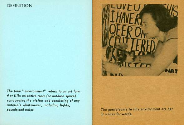 Spread: left side is light blue with text, right side is yellow with a black and white photograph of a woman by painted letters