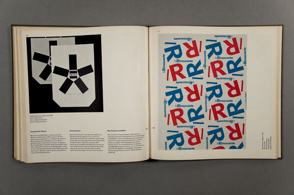 Book spread: left side is a photo of something with a geometric star shape; right side contains blue and red graphics of the letter R in a grid arrangement