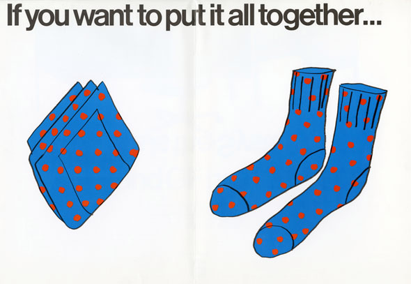 Spread of a blue pair of socks and blue handkerchief, both with red dots against a white background. Header text reads "If you want to put it all together..."