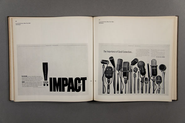 Book spread: both sides contain black and white ads; one with a row of microphones