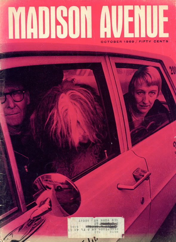 Trahey/Wolf media director Sandy Kiersky through a car window on the bright pink cover of 'Madison Avenue' 