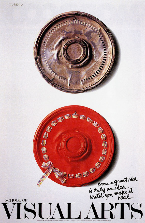 SVA poster of a rusted hub cap and a hub cap repainted red with an added ribbon.