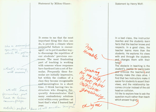 Columns of text (statements by Milton Glaser and Henry Wolf) with handwriting on top 