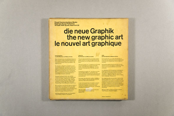 Yellow slipcase; text reads "die neue Graphik, the new graphic art, le nouvel art graphique" above columns of text 