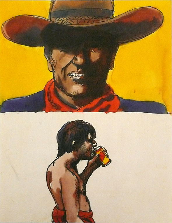 Top portrait drawing of a man, wearing a cowboy hat, a red bandana around his neck, and against a bright yellow background. Bottom drawing of a slouched, shirtless man drinking a canned drink.