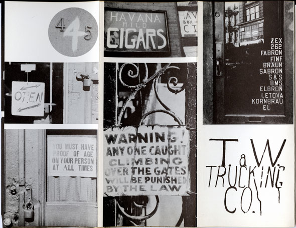 A black and white image with a collection of signs. Includes one for a trucking company, cigars, and precautions for gate climbing.