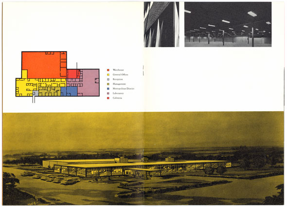 Color spread containing an outline design of a building and yellow photo of a building from above