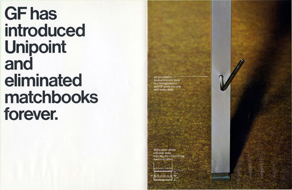 Spread; left page is white with the text "GF has introduced Unipoint and eliminated matchbooks forever" in black; right page is a color photo of a metal beam with a handle sticking out of it upward