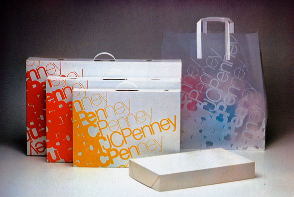 Assortment of JC Penney bags and boxes showing off their design, the phrase JC Penney clustered together to create a dense to light gradient.