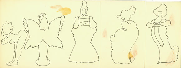 Simple contour-lined drawings of five figures. One is cloth-less, one shows their back wings, and three are posed in long dresses. 