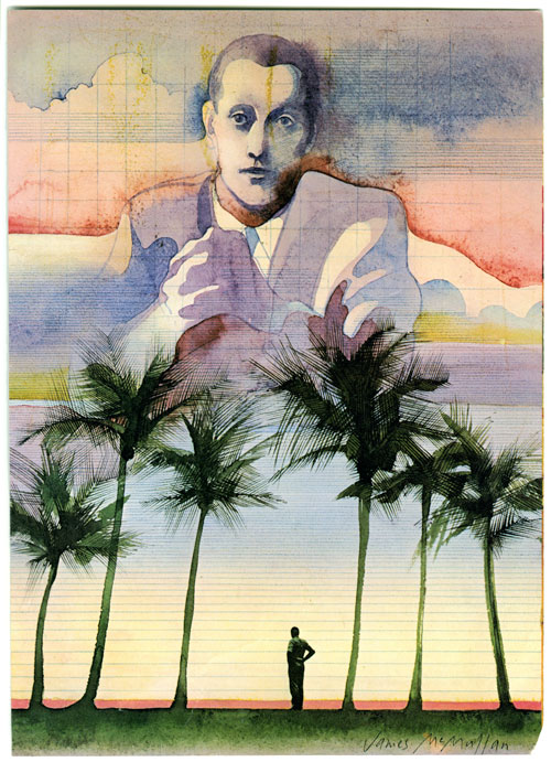 A watercolor illustration of a man from the chest up in a business suite in they sky looking straight ahead. Below him are several palm trees and a still ocean. On the shore is a tiny man looking at the horizon.  The top half of the paper is gridded and the lower half are horizontal line whose spacing becomes narrower and narrower as it reaches the horizon of the ocean. The business man and sky are made of light color you would see at sunset; lilac, sky blue, dusk pink. The palm trees and tiny are dark evergreen. 