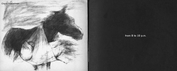 Spread: left side contains rough black on white charcoal drawing of a horse carrying someone around their neck, right side is black with white text.