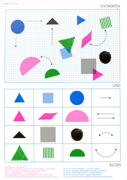 Blue, pink, green, and black geometric shapes against two blue and white grids. 