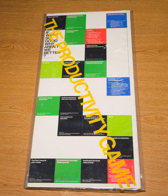 Folded-up colorful game board in plastic; The Productivity Game is written diagonally across in yellow