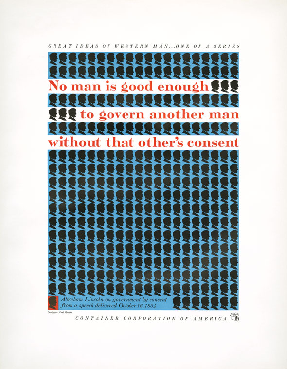 A blue rectangle against white paper covered in a tight grid of black identical male profiles. Overlayed on top, in red text: "No man is good enough to govern another man without that other's consent"