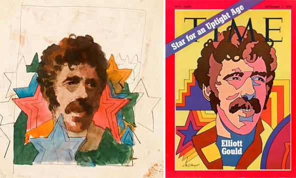 Sketch next to the final product, a magazine cover; both feature a mustachioed curly-haired man's portrait surrounded by colorful stars