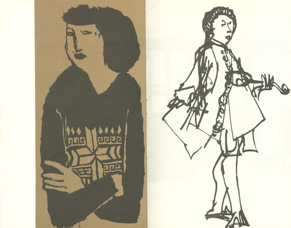 Bisected pamphlet; left side is a woman in a sweater crossing her arms, right side is an 18th century nobleman holding a violin