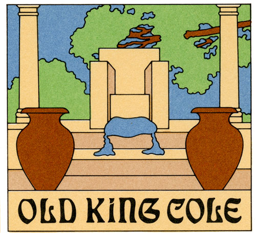 The illustration of a menu. The illustration is flat colored scene of a small step of stairs leading up to marbled throne in the middle of two pillars and two brown vase in front of the stairs. Behind the throne is an open view of a blue sky and branched of a green tree. Laying on the floor in front of the throne is a light blue cloth is drapes down the stairs. Underneath this illustration is "Old King Cole" in a medieval-like black text.