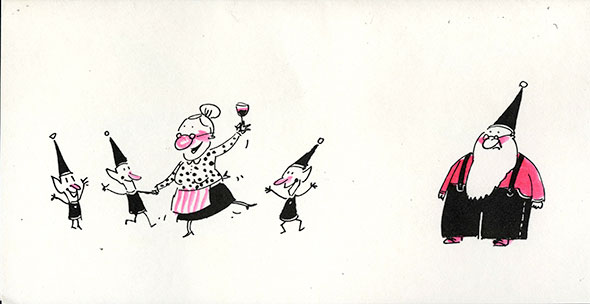 Drawing of Santa frowning on the right, and Mrs. Clause holding wine and dancing with little elves on the left. Done in black and white with hints of red.