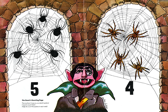 Illustration of Sesame Street's The Count in between 5 black spiders in a spiderweb on the left and 4 brown spiders in a spiderweb on the right.