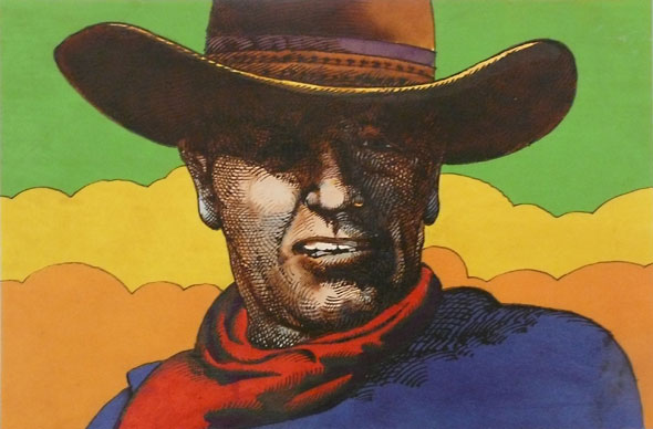 Portrait drawing of a man wearing a cowboy hat, and red bandana around his neck. The background is a transition of a flat orange on the bottom, to yellow, then green.