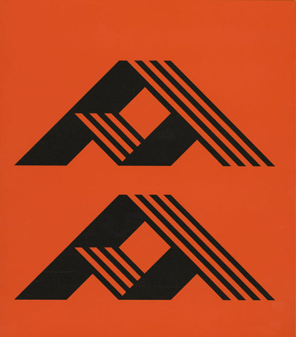 Two identical triangular black forms against an orange background