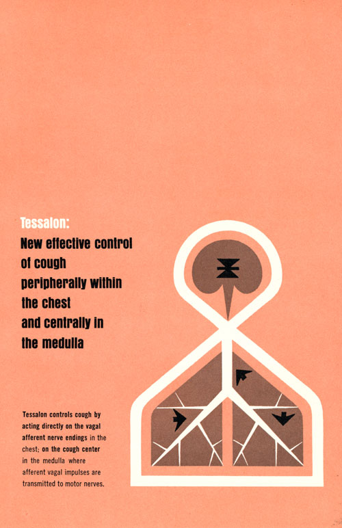 A graphic design of a black and white geometric stylized brain and lung diagram placed on the right side of a peach background with block text on the left reading : "Tessaion: New effective control of cough peripherally within the chest and centrally in the medulla" 