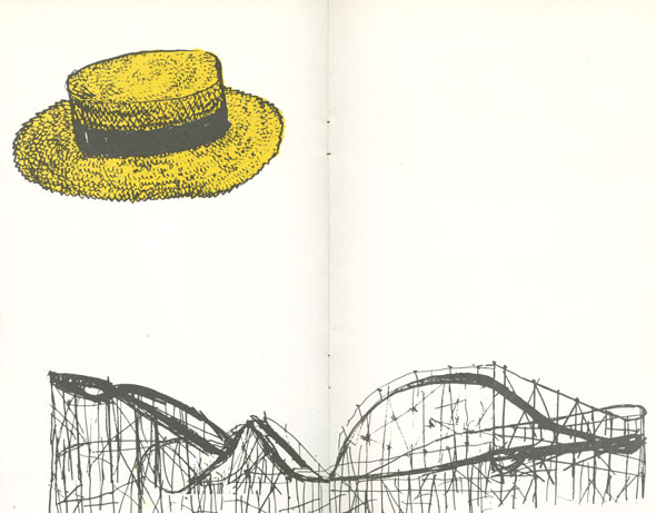 A black rollercoaster along the bottom of the white page; a large yellow hat floats above