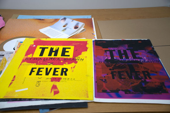 A photo of two posters for "The fever". The one on the left is a bright yellow with a scarlet red print covering some of the background. The title is in big thick bold black letters. The poster on the right has the same font style but the background is a deep purple with muddy red splatter prints scatter around. A hand reaching out is barely readable on the cover covered by the red splatters. 