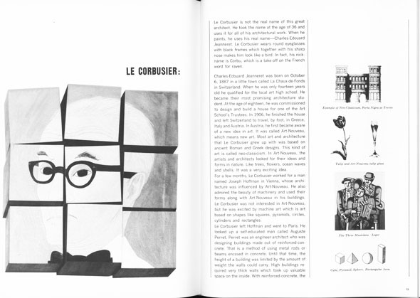 Magazine spread about Le Corbusier; left page is illustration of a man's face segmented into blocks, right is article