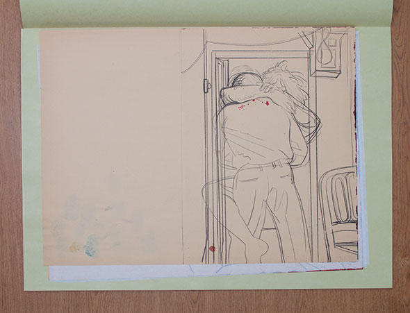 Loose pencil drawing of a man and woman embraced under a door frame. 