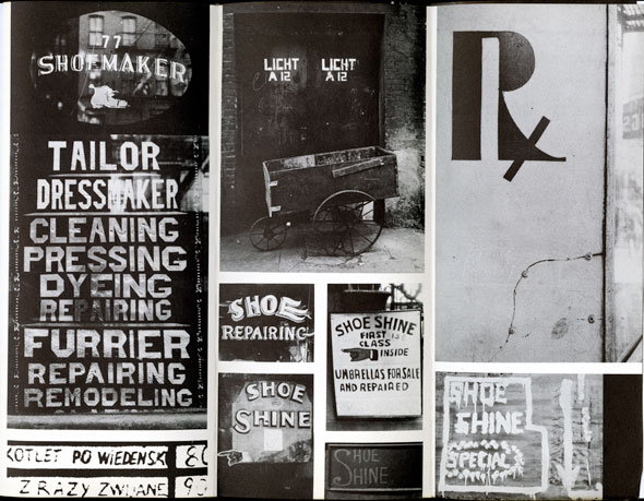 A black and white image with a collection of signs. Includes one for tailoring, and a few for shoe-shine services.