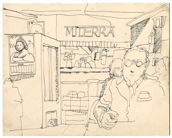 Black and white loose ink drawing of a restaurant interior; a calendar reading "Julio" and a sign reading "MITERRA" are visible.