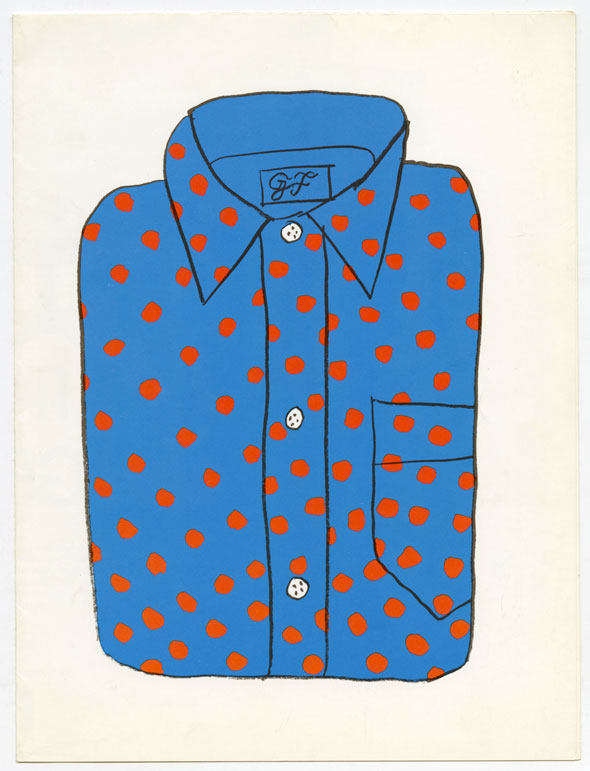 Drawing of a folded blue button down shirt with red polka dots against a white background