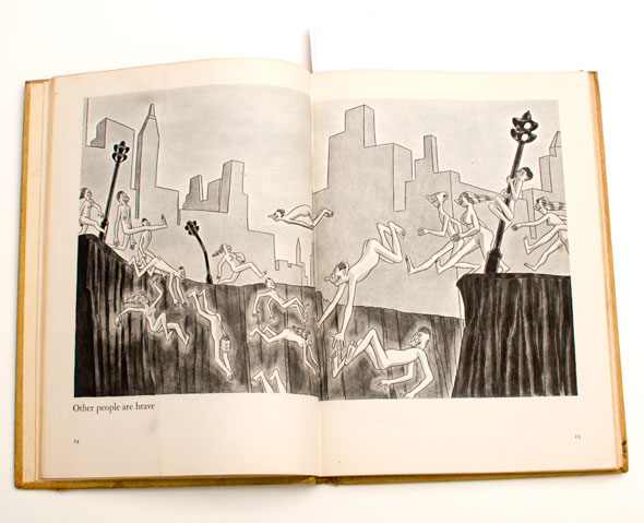 Black and white cartoon of nude people jumping into a chasm overlooking a cityscape