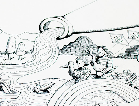 A drawing over white background with a river flowing from a bottle, smiling kites and trees, and a man and woman holding a goose and duck respectively.