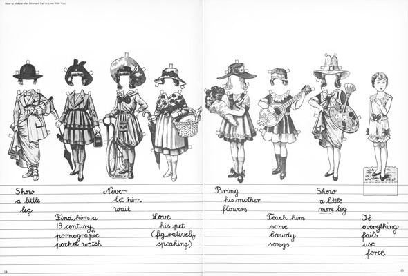 Black and white drawing of outfits for a paper doll lined up in a row, with the doll at the end; handwritten cursive text is on lined paper underneath.