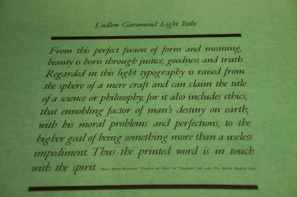 Black text on green paper describing the virtues of the font "Ludlow Garamond Light Italic"