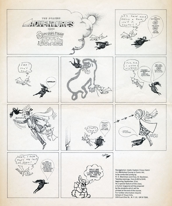 10 panel comic, black ink against a white background, of two superheroes; Squigglyman and Captain Cross-hatch. Their names reflect the style in which they are drawn.