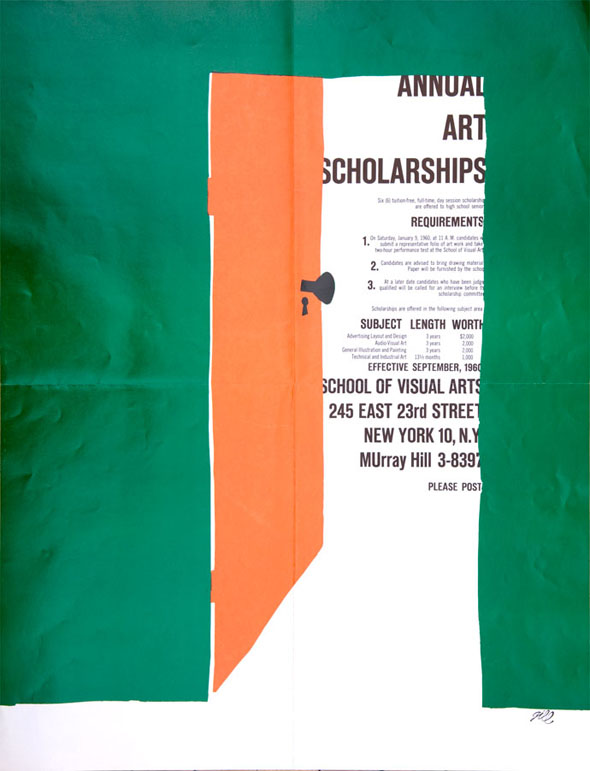 Illustration of an orange door on a green wall opening to reveal a column of text containing scholarship information