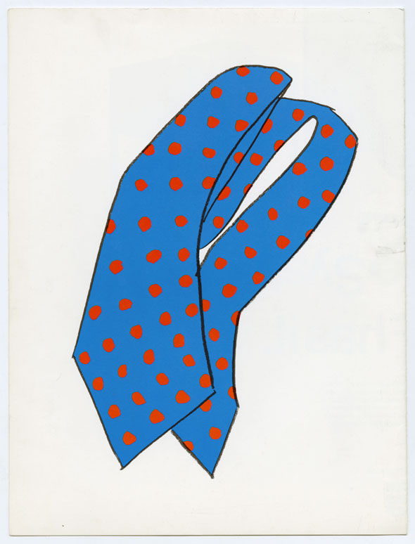 Drawing of a folded up blue tie with red dots against a white background