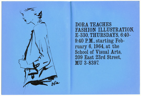 An Illustration of Black ink against blue background of a female model in a jacket next to a block of text