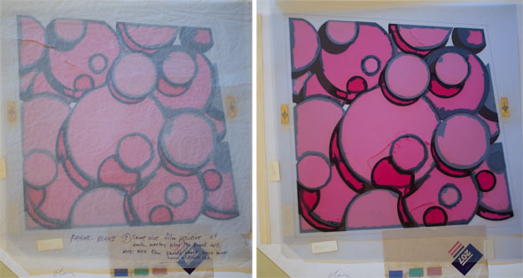 Spread of two photos of the same painting, a collection of pink circles; left painting is covered in a translucent sheet