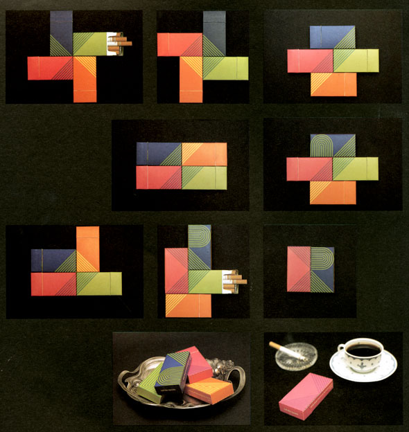 Grid of 10 photos featuring four colorful cigarette packs arranged into different shapes against a black background