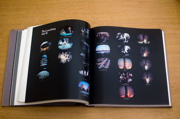 Book opened to show collection of color stills of live footage of shuttle launch against black background