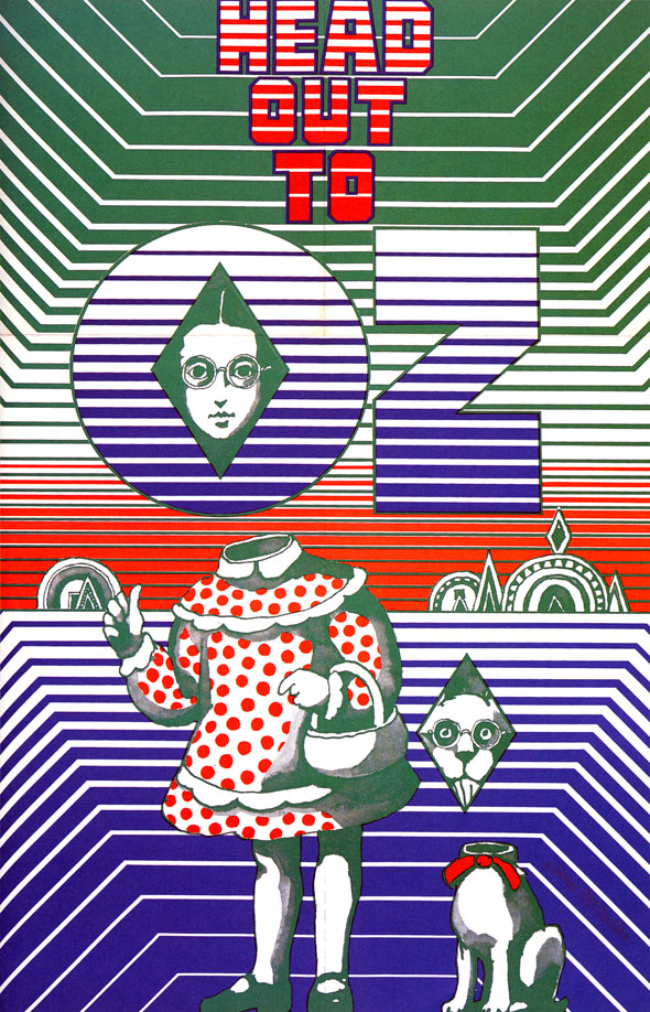 Surreal red, green, blue illustration of a girl and her dog against a landscape. Their heads are floating away from their bodies and all colors are banded with white. Header text reads "Head Out to Oz"