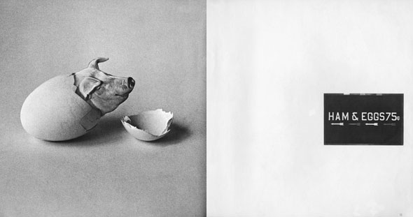 Black and white magazine spread; left side depicts a pig hatching out of an egg; right side shows a black box containing the text "Ham and Eggs"